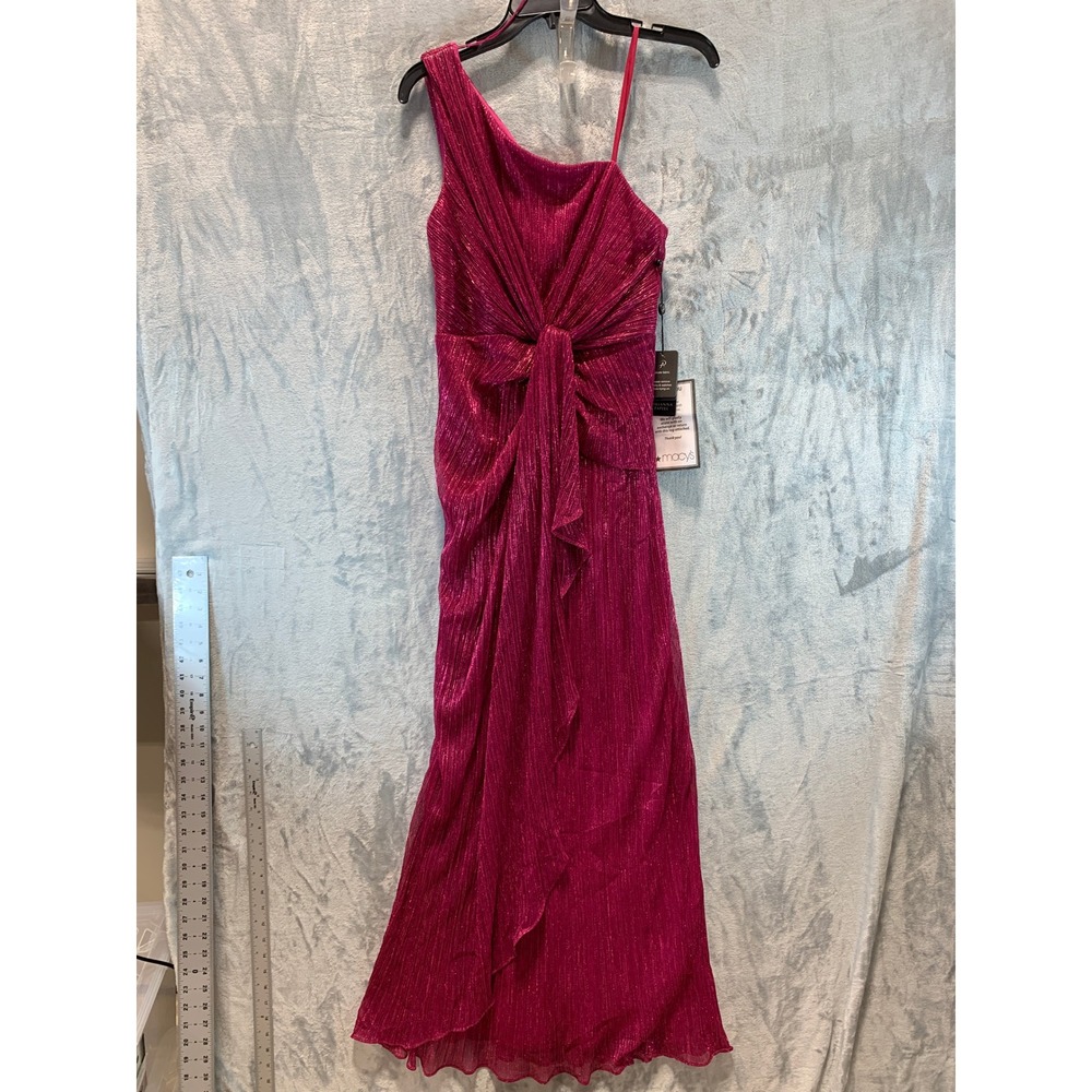 Adrianna Papell Magenta Stardust Pleated Draped Gown One Shoulder Metallic 8